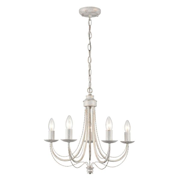 Traditional ironwork 5 light dual mount chandelier in white & brushed gold full height
