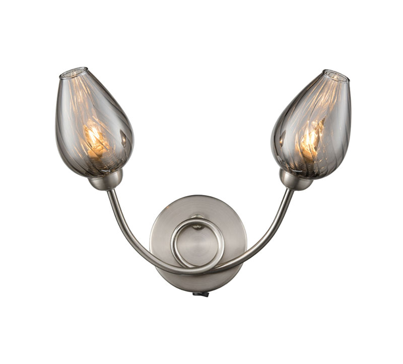 Modern 2 Lamp Switched Wall Light Satin Nickel Smoked Glass Shades