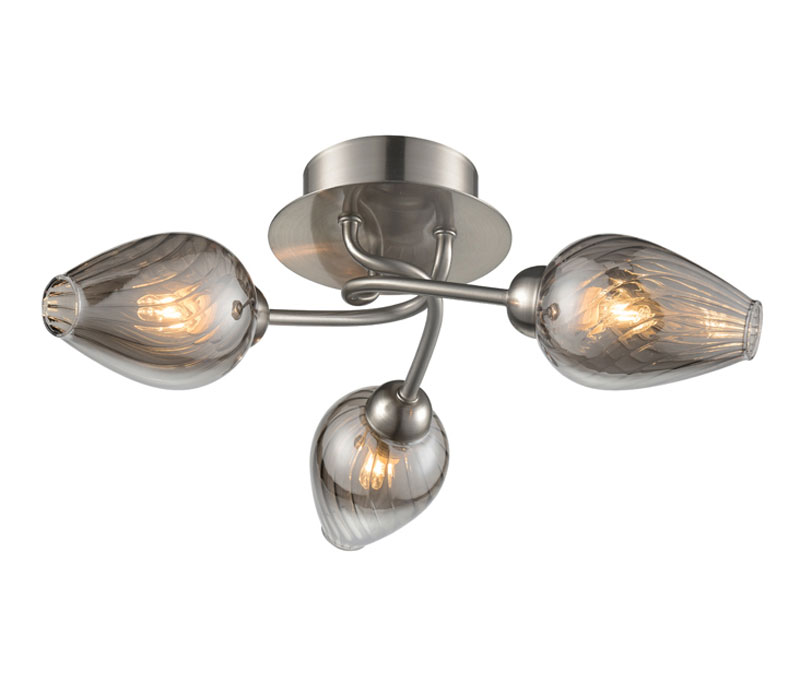 Modern 3 Lamp Flush Low Ceiling Light Satin Nickel Smoked Glass