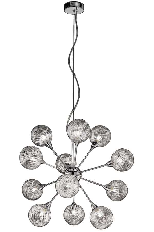 Contemporary 12 Light Ceiling Pendant Chrome Textured Glass Globes