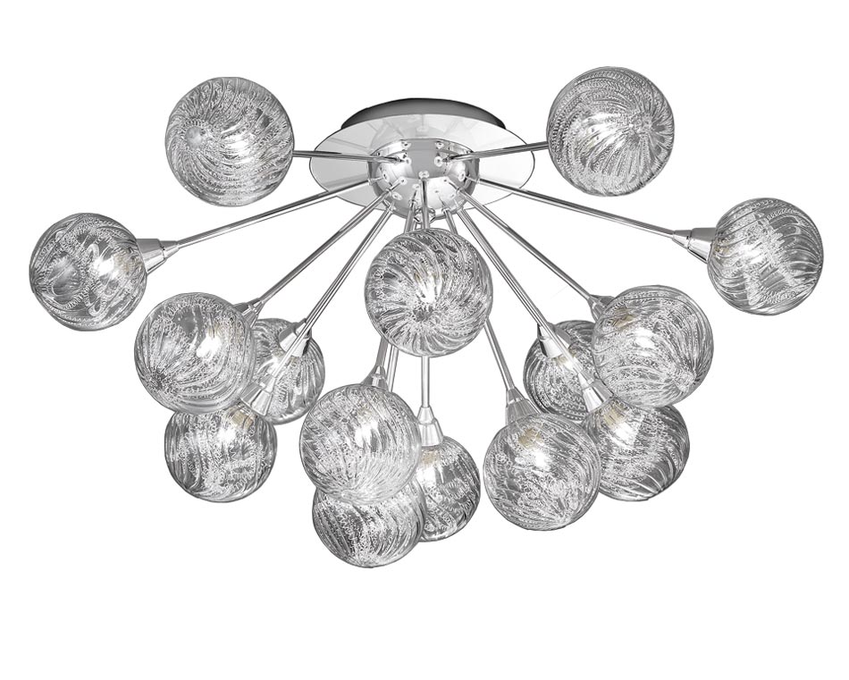 Contemporary 15 Lamp Large Flush Ceiling Light Chrome Glass Globes