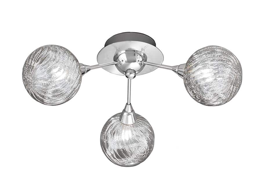 Contemporary 3 Lamp Flush Ceiling Light Chrome Textured Glass Globes