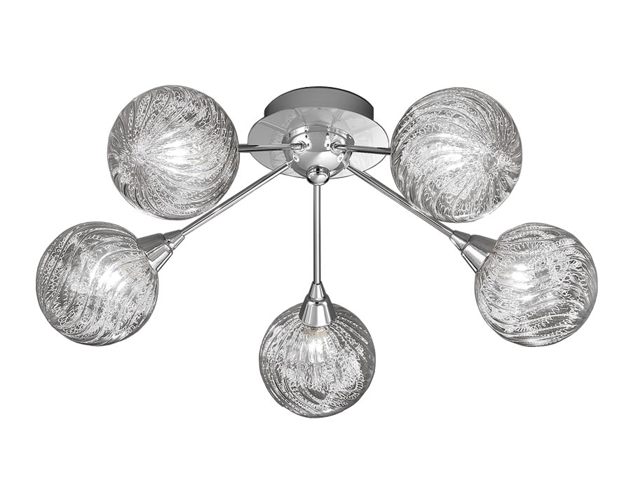 Contemporary 5 Lamp Flush Ceiling Light Chrome Textured Glass Globes