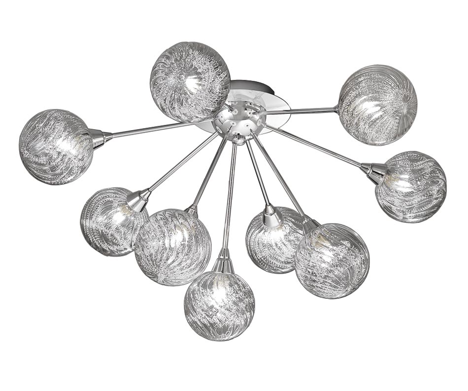 Contemporary 9 Lamp Flush Ceiling Light Chrome Textured Glass Globes