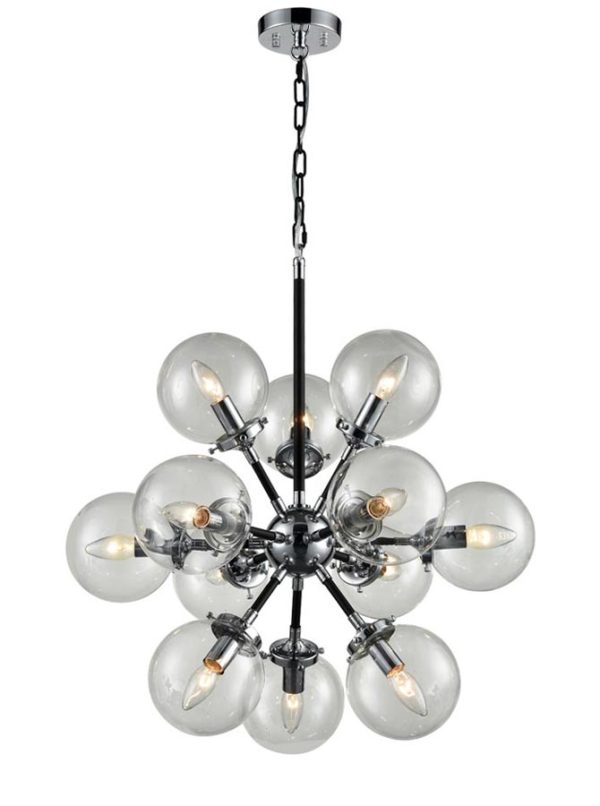 Franklite FL2369/12 Reaction 12 light pendant matt black polished chrome glass globes