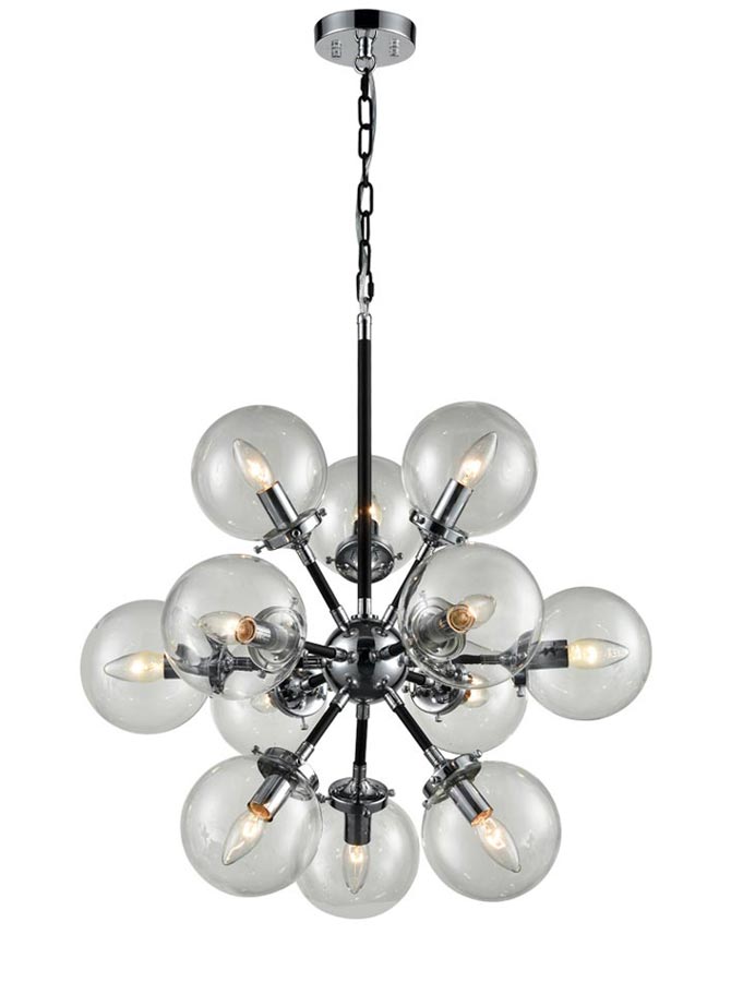 Modern 12 Light Ceiling Pendant Matt Black & Chrome Clear Glass Globes