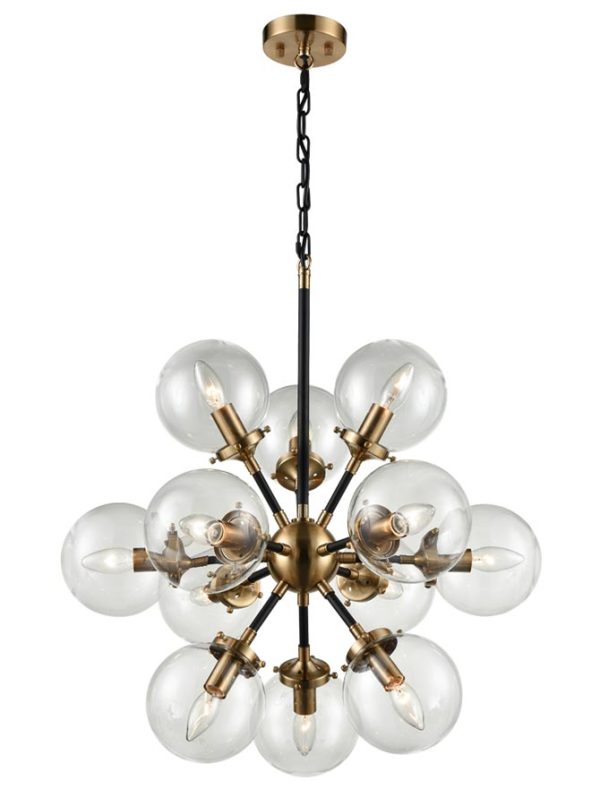 Franklite FL2370/12 Reaction 12 light pendant matt black antique gold glass globes