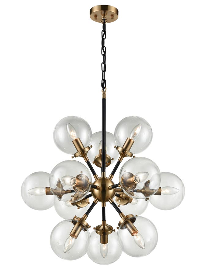 Modern 12 Light Ceiling Pendant Matt Black & Gold Clear Glass Spheres