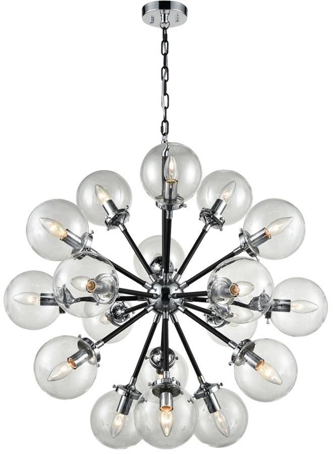 Modern 18 Light Ceiling Pendant Matt Black & Chrome Clear Glass Globes