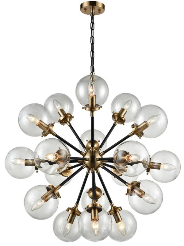 Franklite FL2370/18 Reaction 18 light large pendant matt black antique gold glass globes