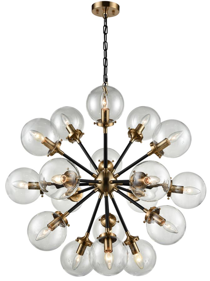 Modern 18 Light Ceiling Pendant Matt Black & Gold Clear Glass Spheres