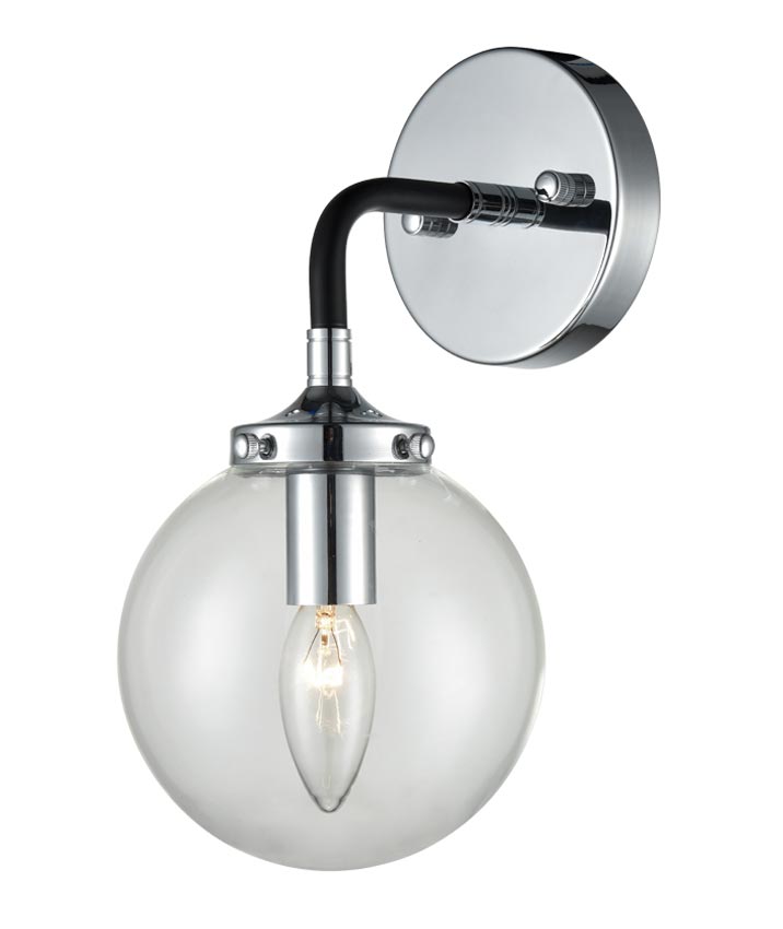 Modern Single Wall Light Matt Black & Chrome Clear Glass Sphere