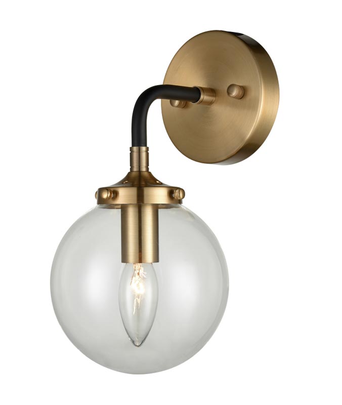 Modern Single Wall Light Matt Black & Gold Clear Glass Sphere