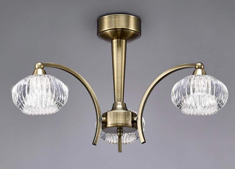 Elegant 3 Arm Semi Flush Ceiling Light Bronze Finish Ribbed Glass