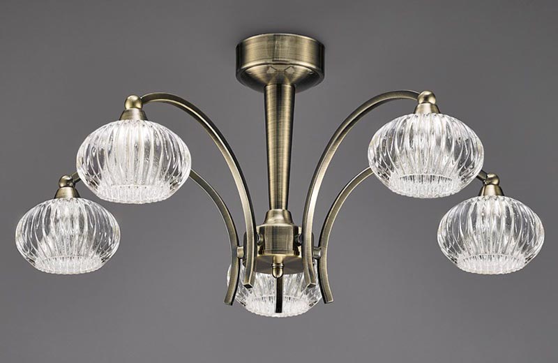 Elegant 5 Arm Semi Flush Ceiling Light Bronze Finish Ribbed Glass