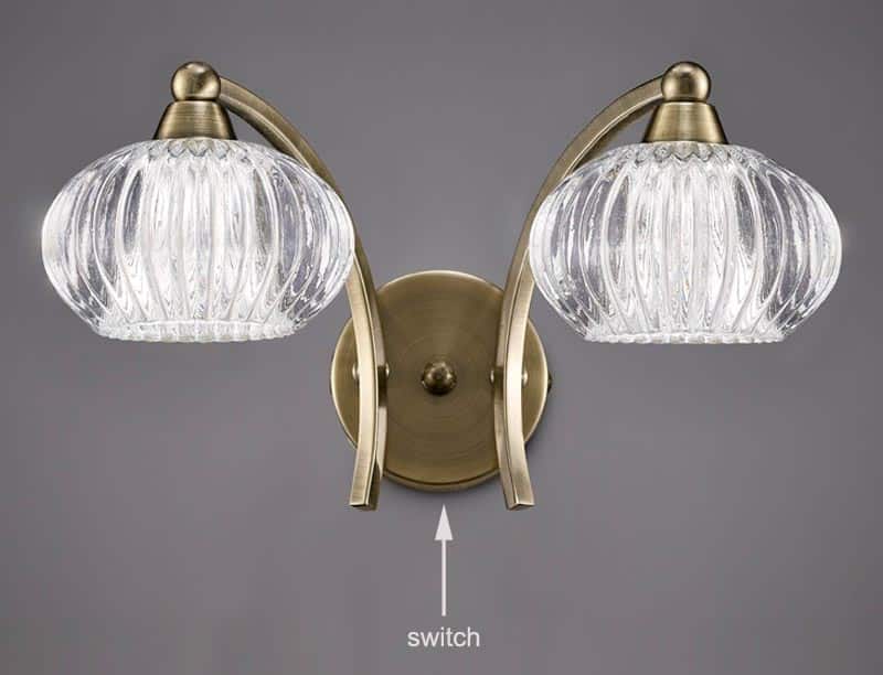 Elegant 2 Lamp Switched Twin Wall Light Bronze Finish Ribbed Glass