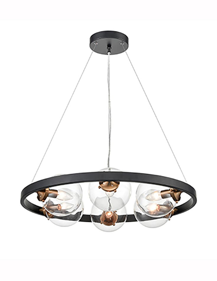 Industrial Style 6 Light Circular Ceiling Pendant Black / Gold Clear Glass