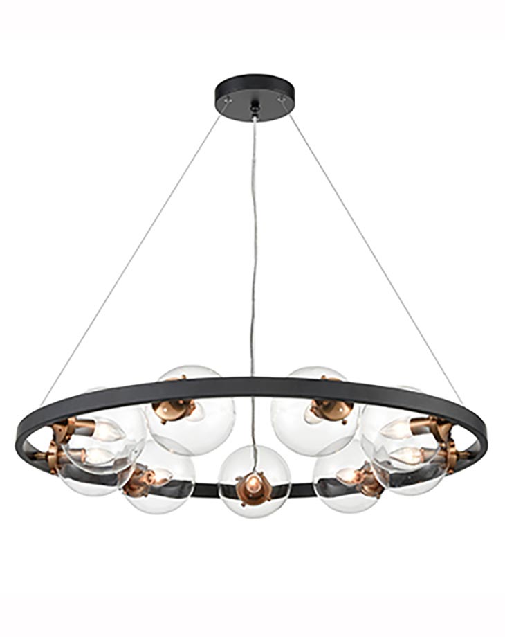 Industrial Style 9 Light Circular Ceiling Pendant Black / Gold Clear Glass