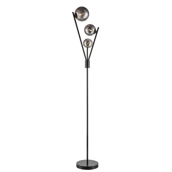Modern Industrial 3 Light Floor Lamp Matte Black Smoked Glass Globes