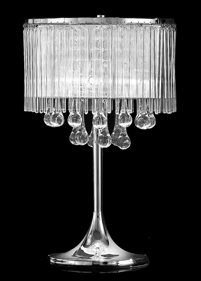 Stunning 3 Light Table Lamp Chrome Lurex Shade Glass Rods Crystal