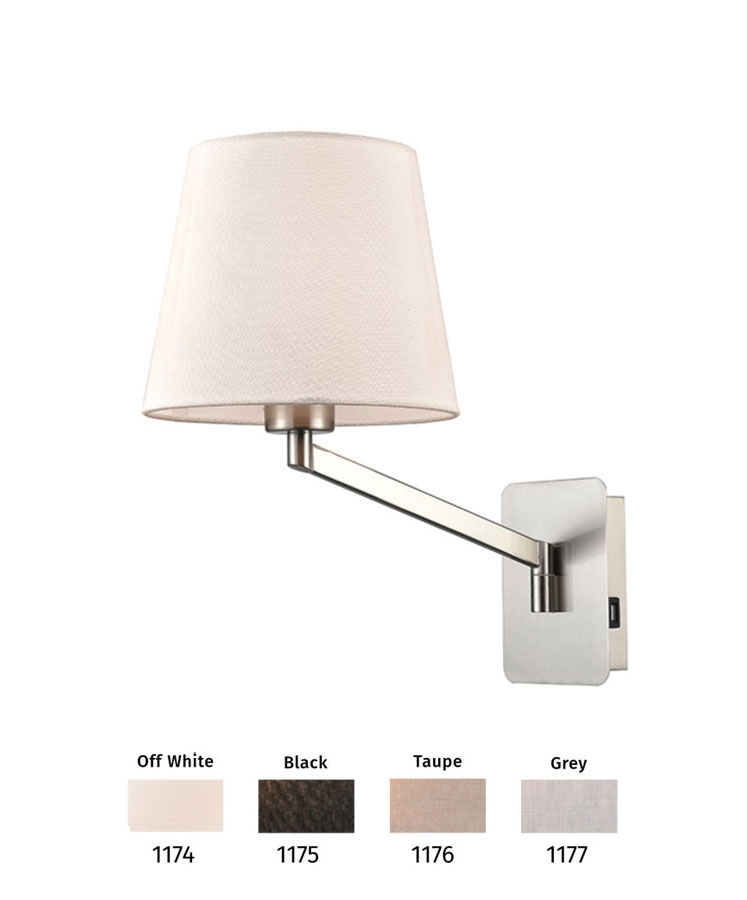 Switched Swing Arm Wall Light USB Port Satin Nickel Shade Choice