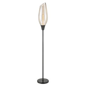 Contemporary 1 light floor lamp in matt black with amber glass taper shade