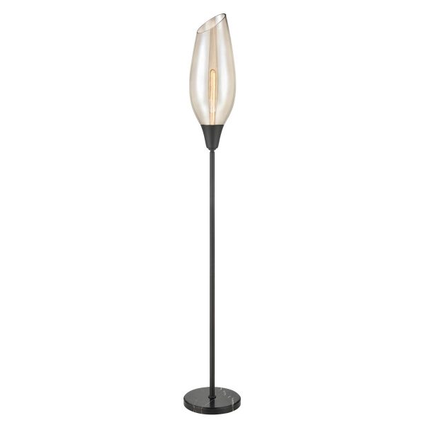 Contemporary 1 light floor lamp in matt black with amber glass taper shade