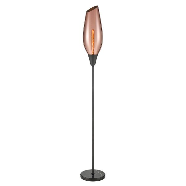 Contemporary 1 light floor lamp in matt black with copper glass taper shade