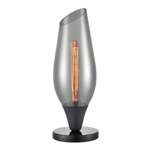 Contemporary 1 light table lamp in matt black with smoked glass taper shade