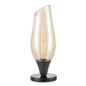 Contemporary 1 light table lamp in matt black with amber glass taper shade