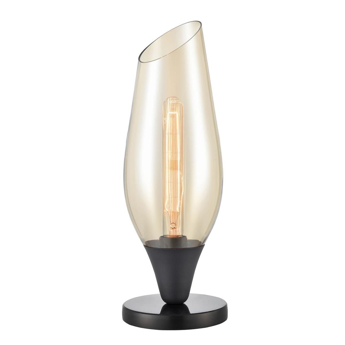 Contemporary 1 Light Table Lamp Matt Black Amber Glass Taper Shade