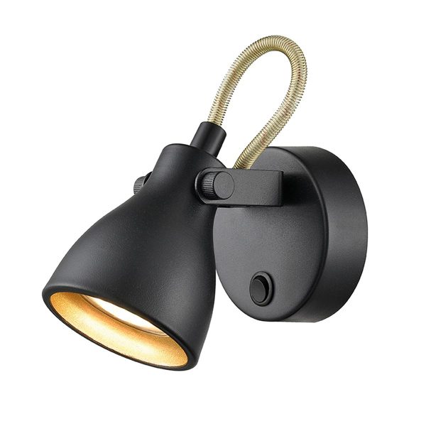Retro style switched single wall spot light in matt black and gold