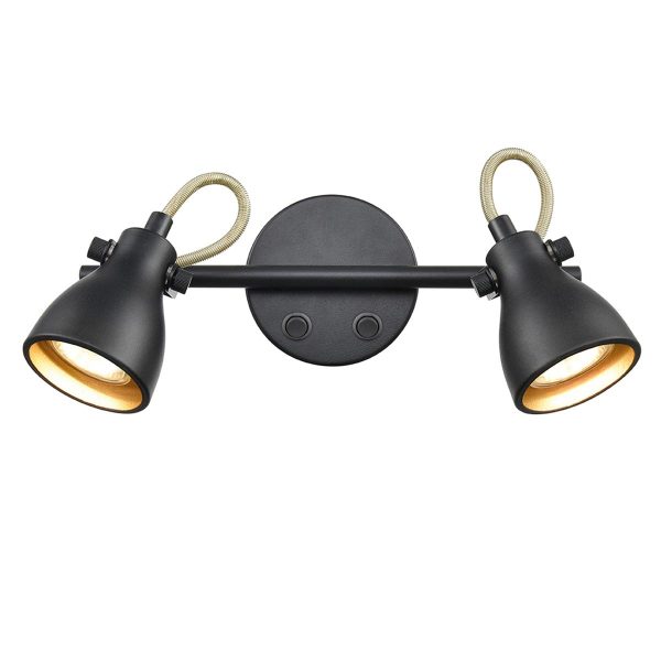 Retro style switched twin wall spot light in matt black and gold