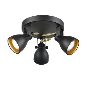 Retro style round 3 lamp ceiling spot light plate in matt black and gold