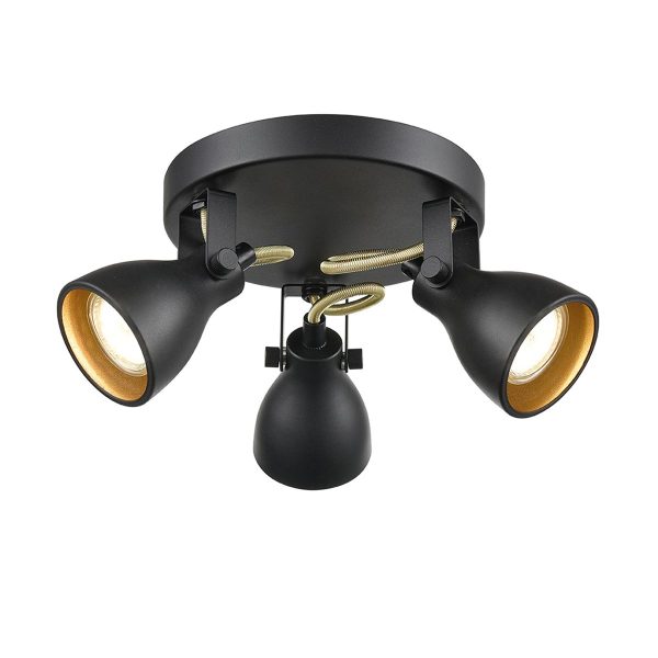Retro Style Round 3 Lamp Ceiling Spot Light Plate Matt Black & Gold
