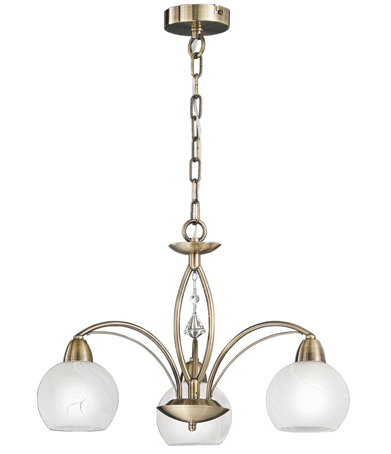 Modern 3 Arm Chandelier Bronze Finish Alabaster Effect Glass Crystal