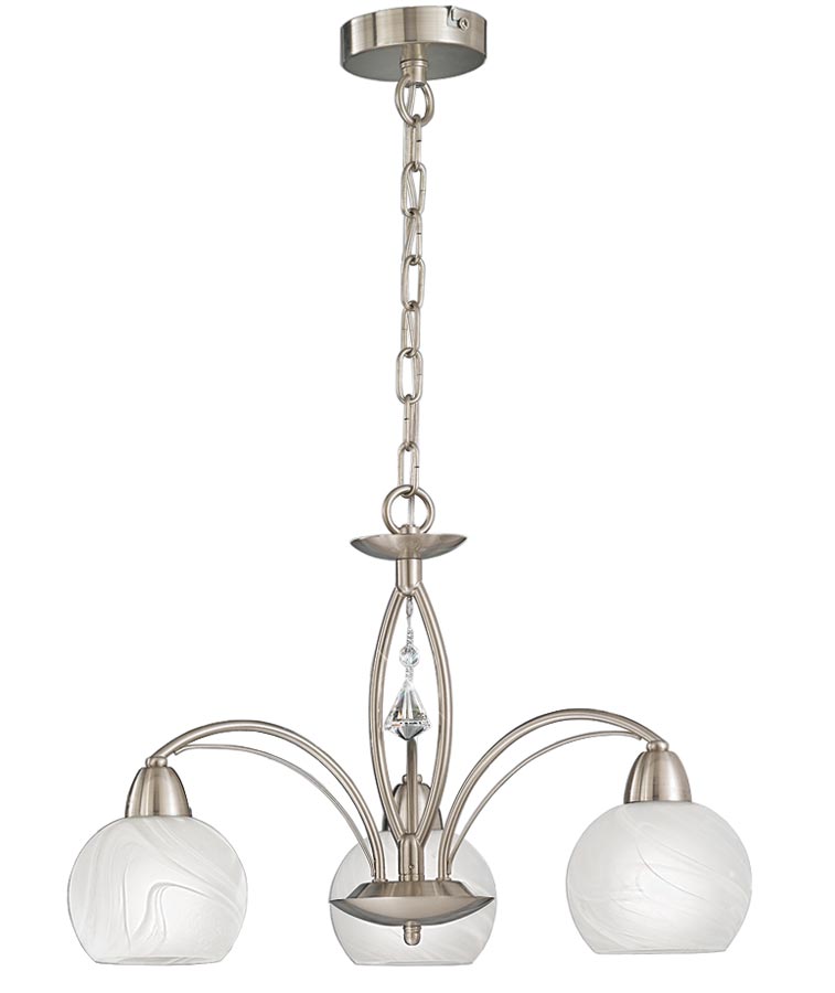 Modern 3 Arm Chandelier Satin Nickel Alabaster Effect Glass Crystal