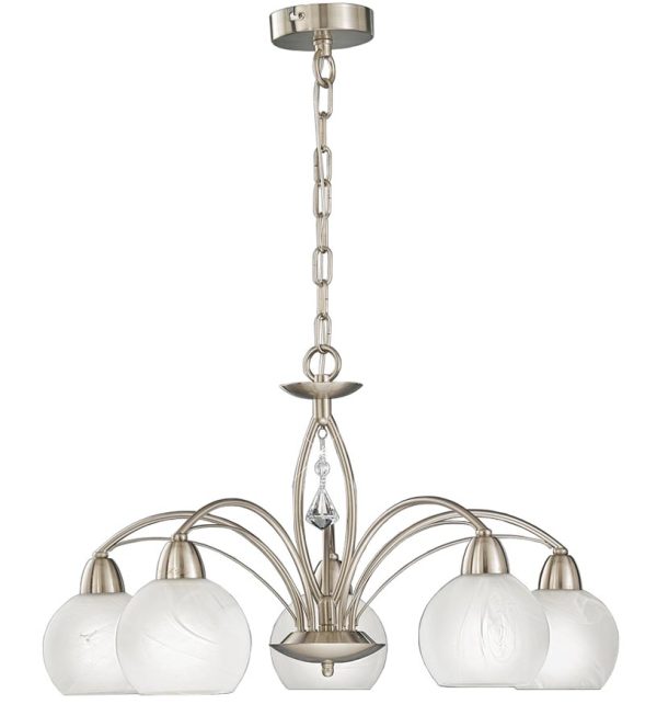 Franklite FL2277/5 Thea 5 arm ceiling light in satin nickel alabaster glass shades