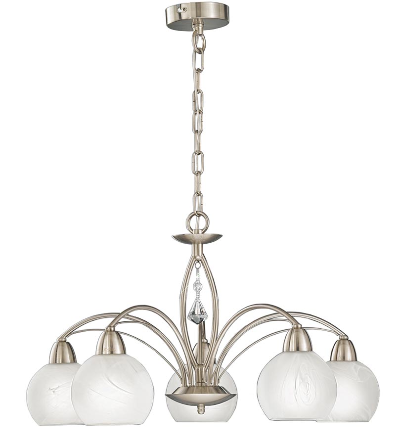 Modern 5 Arm Chandelier Satin Nickel Alabaster Effect Glass Crystal