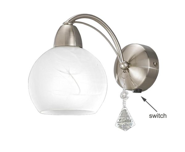 Franklite FL2277/1 Thea switched single wall light in satin nickel finish with alabaster glass shade