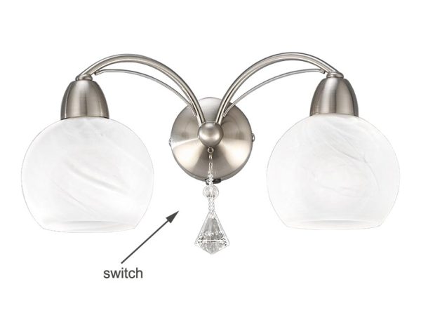 Modern Twin Switched Wall Light Satin Nickel Alabaster Glass Crystal