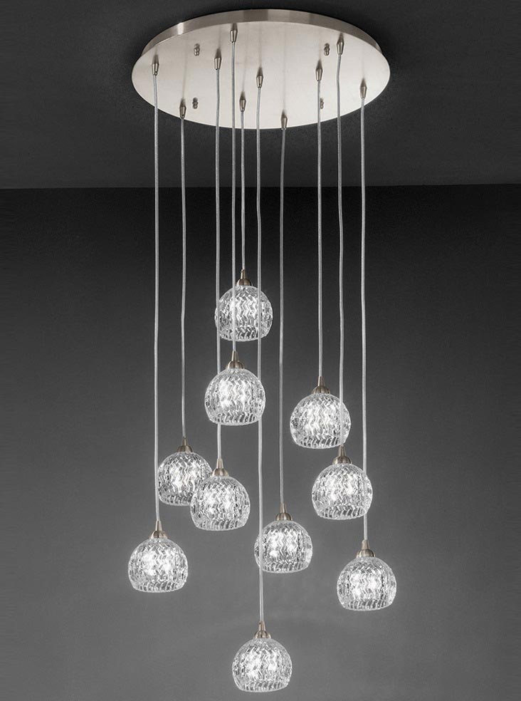 Modern 10 Light Multi Drop Ceiling Pendant Satin Nickel Cut Glass Shades