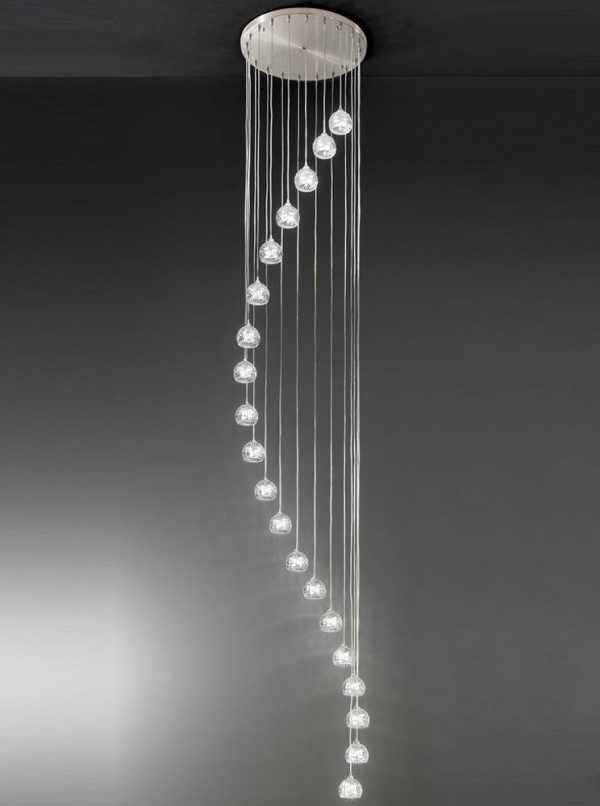 Modern 20 Light Spiral Stairwell Pendant Satin Nickel Cut Glass Shades
