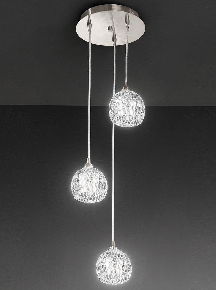 Modern 3 Light Multi Level Ceiling Pendant Satin Nickel Cut Glass Shades