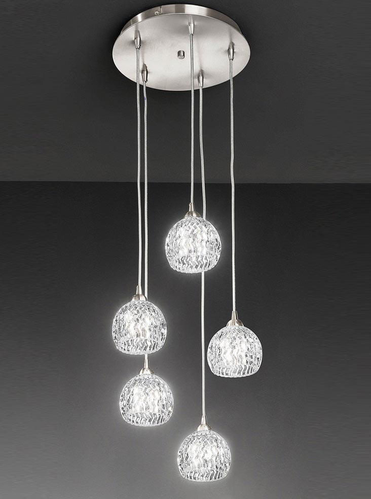 Modern 5 Light Multi Level Ceiling Pendant Satin Nickel Cut Glass Shades