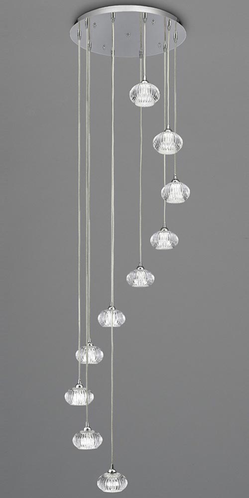 Modern 10 Light Spiral Ceiling Pendant Chrome Ribbed Glass Shades