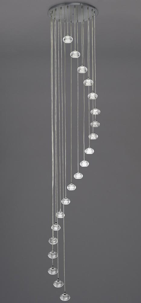 Modern 20 Light Spiral Stairwell Pendant Chrome Ribbed Glass Shades