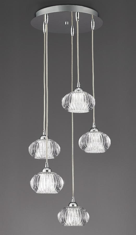 Modern 5 Light Multi Level Ceiling Pendant Chrome Ribbed Glass Shades