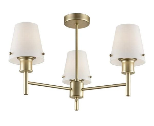 Franklite FL2389/3/991 Turin 3 arm semi flush ceiling light matt gold opal white glass shades