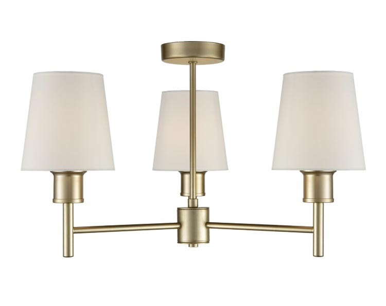 Elegant 3 Arm Semi Flush Ceiling Light Matt Gold Cream Fabric Shades